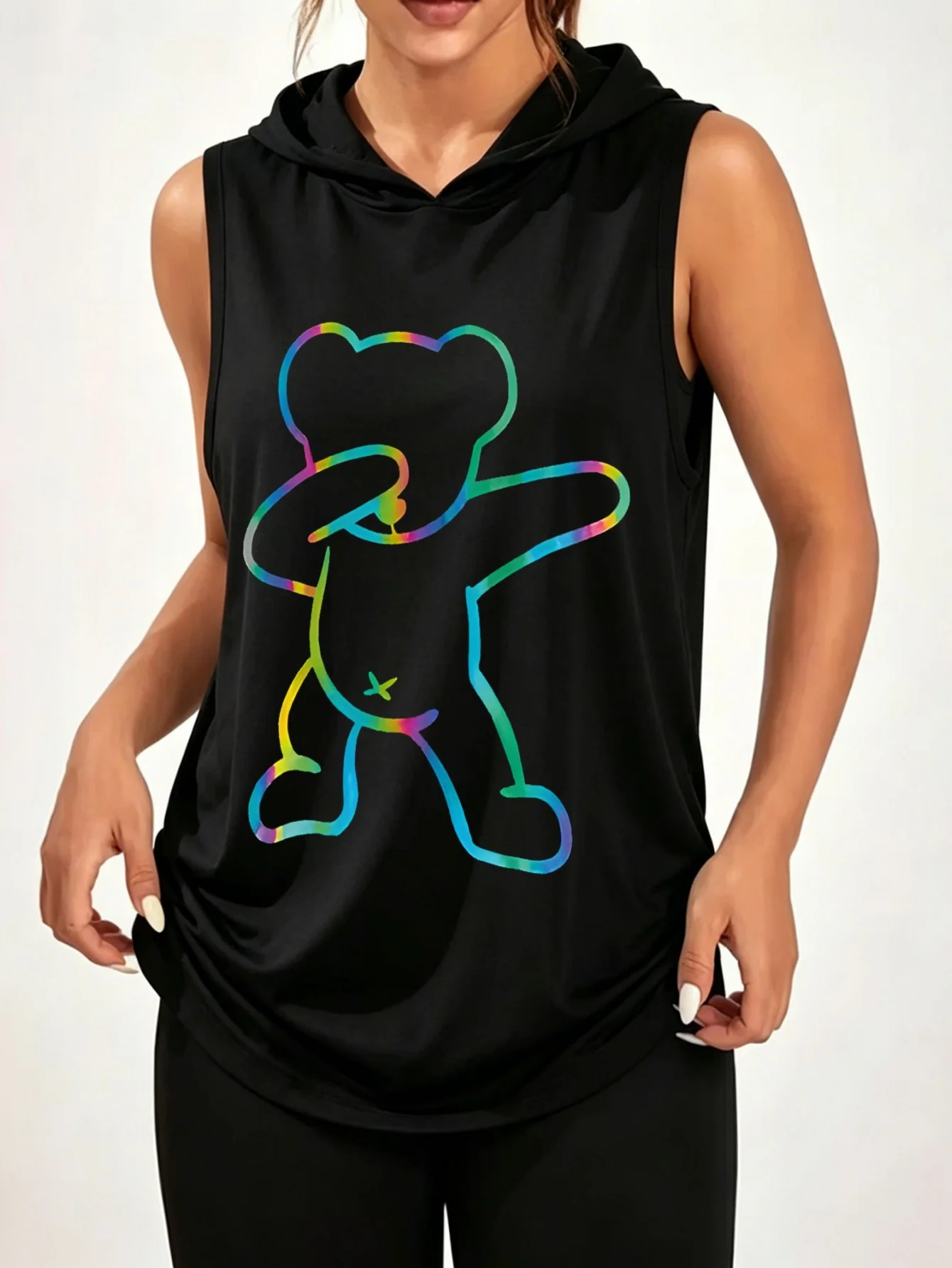 Unisex Color Gradient Dabbing Bear Outline Print Sleeveless Hooded Tank Top Cute Funny Casual Hood Vest