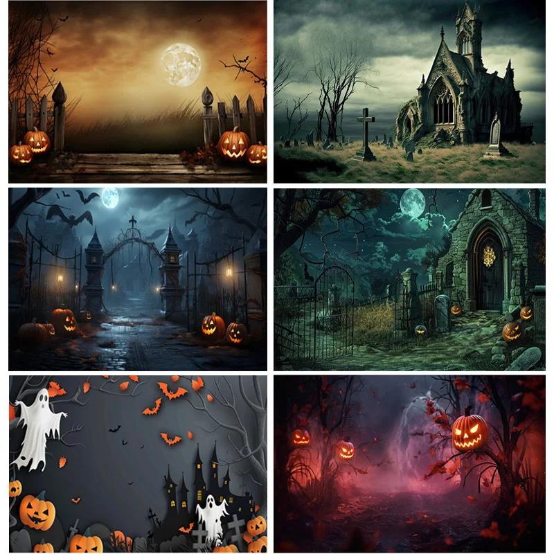 

Halloween Backdrop Full Moon Scary House Night Castle Graveyard Forest Bats Pumpkin Lantern Spooky Photography Background SJ-1