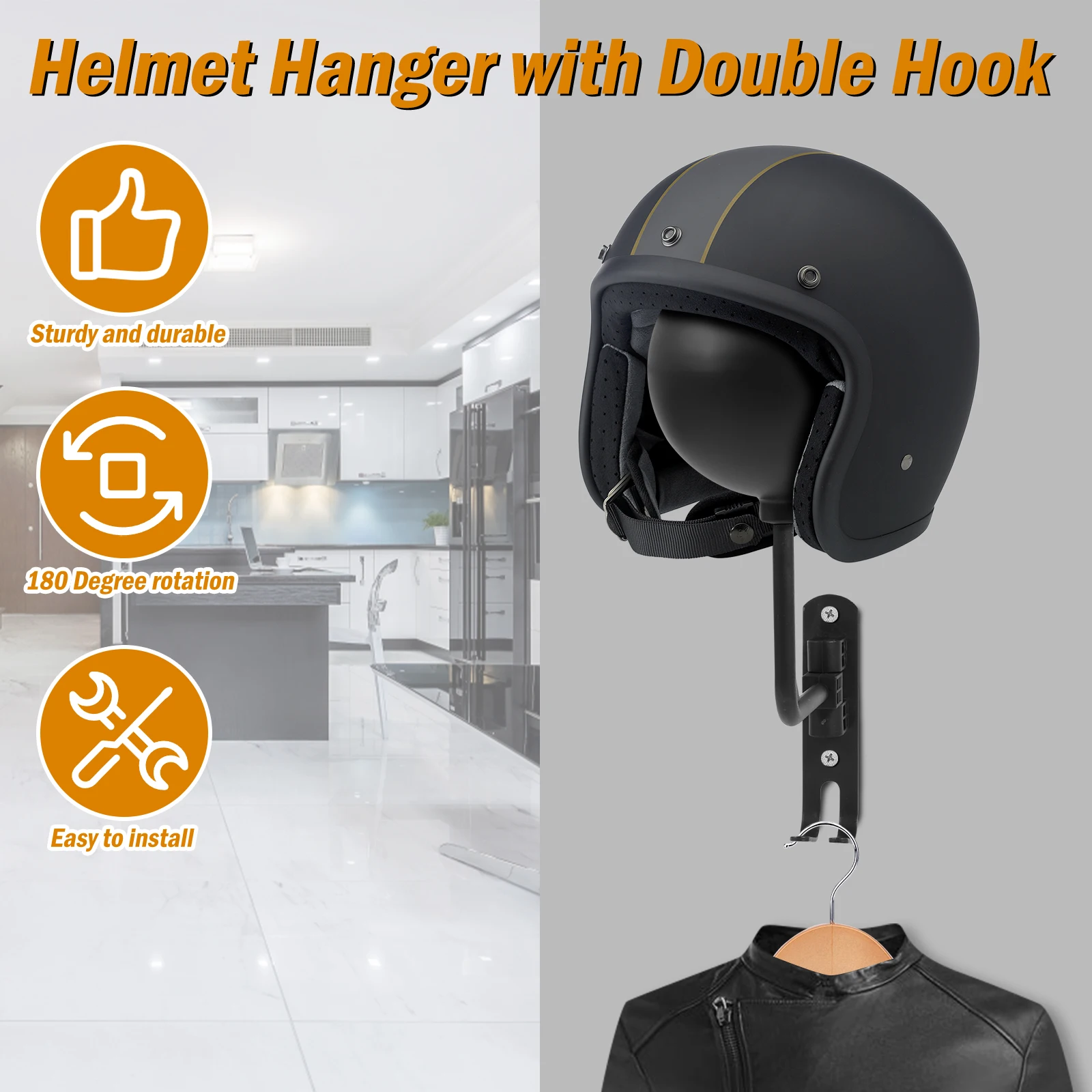 Motorcycle Helmet Holder Wall Mount Helmet Rack with Double Hook 180 度 Rotation Helmet Hanger Space Saving Helmet