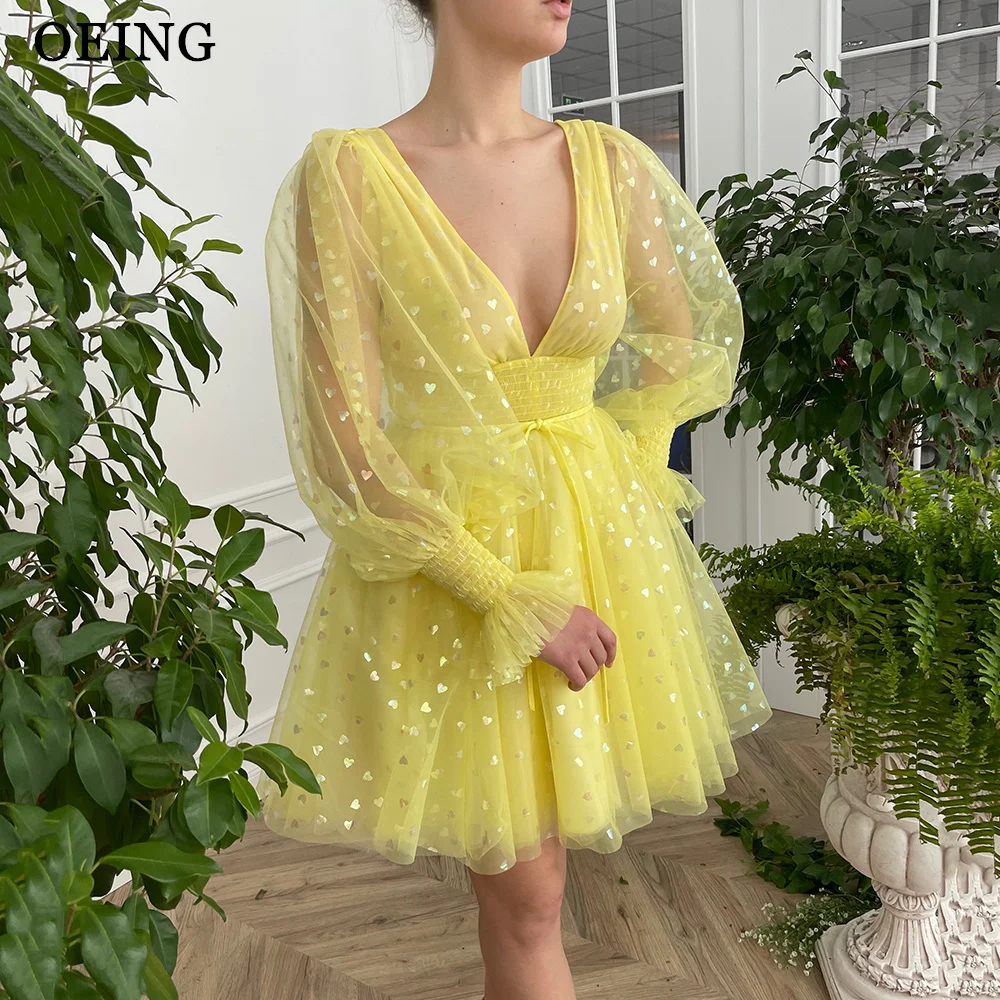 

OEING Yellow Hearty A line Short Prom Dresses Sexy Deep V Neck Long Sleeves Prom Gowns Night Club Party Dress Vestidos De Noche