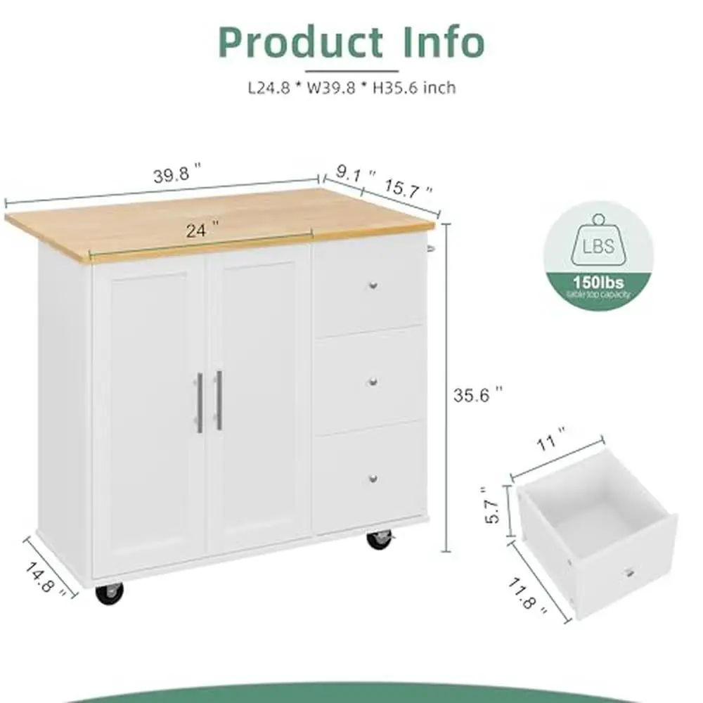 Carrito de Isla de cocina portátil con hoja de gota plegable, barra de desayuno, gabinete grande, estante ajustable, parte superior de madera resistente, rodamiento suave