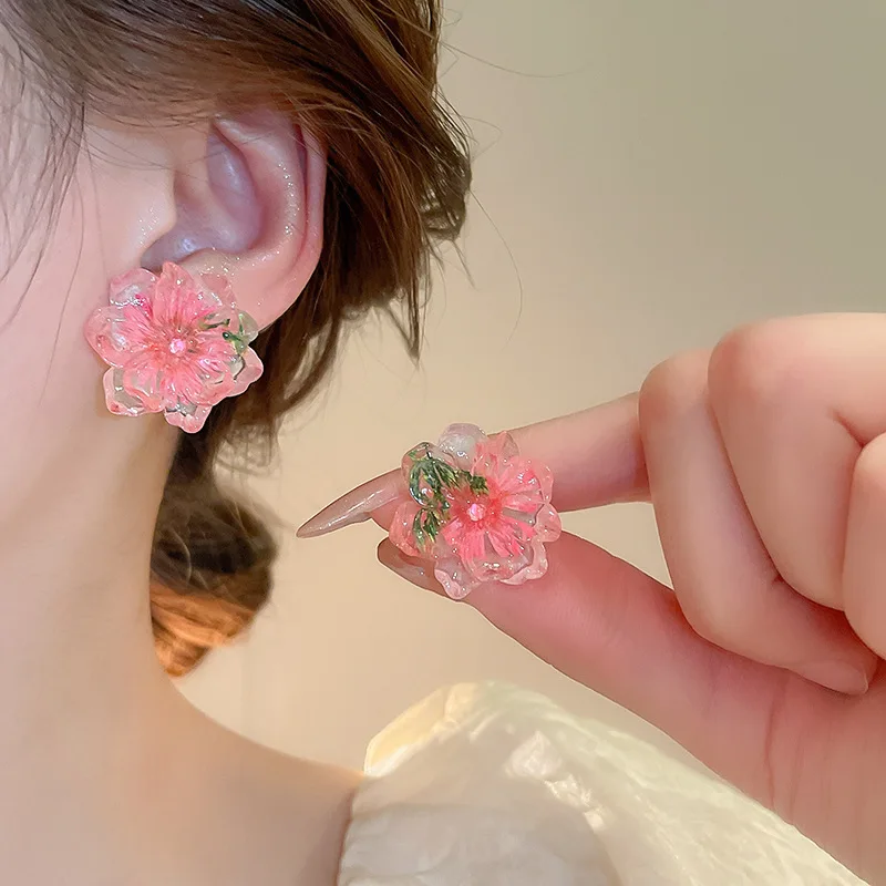 

Floral Resin Silver Needle Stud Earrings New Forest-Inspired Fresh Style Earrings Sweet and Versatile Ear Accessories