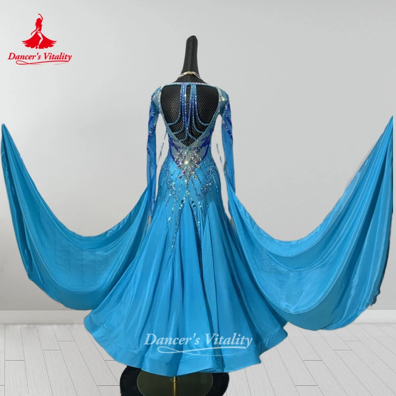 호수색 볼룸 댄스 진주 실크 하단 헴라인 드레스 (목걸이 포함) 성인 여성용 포크스트롯 왈츠 의상 맞춤 제작 댄서의 활력