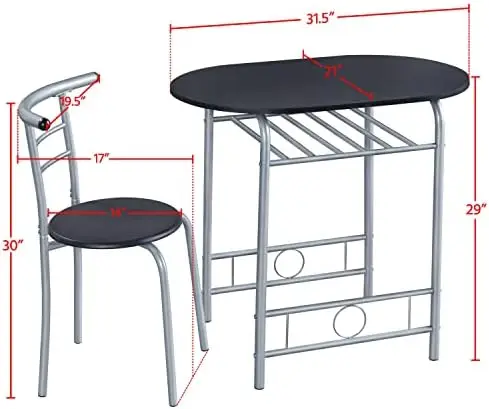 

3 Piece Kitchen Set - Dining Sets for 2 - Compact and Chairs w/Steel Frame & for Small Spaces, Apartment,Bistro - Black