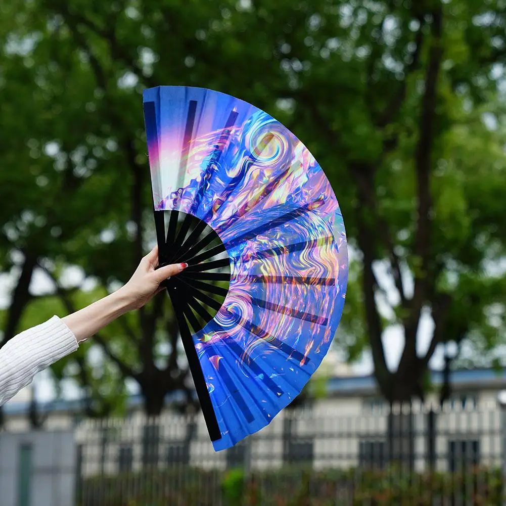 Foldable Handheld Rave Fan Chinease/Japanese Style Gradient Colorful Reflective Foldable Fan Festival Party Dance Fan Gifts