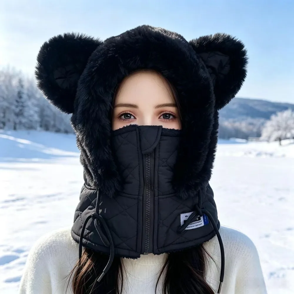 Warm Thick Winter Balaclava Hat Windproof Zipper Ear Protection Hat Faux Fur Trim Fleece Lined Full Face Neck Warmer Winter