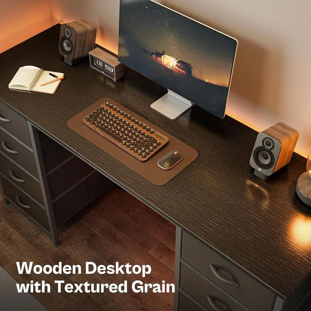 مكتب ألعاب كبير 55 للمكتب المنزلي مع 8 أدراج قماش، أسود، للدراسة والتخزين