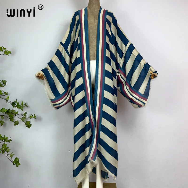 Winyi Kimono Afrika Sommer Boho Streifen Druck Strand Bade bekleidung elegante Strickjacke sexy Urlaub Maxi Strand tragen Badeanzug Abendkleid