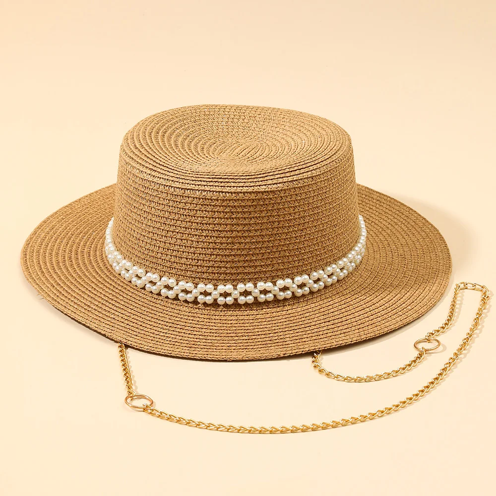 2022 Designer Chain Necklace Sun Hats With Pearl For Women Summer Foldable Beach Hats Ladies Fashion Party Hat Wholesale