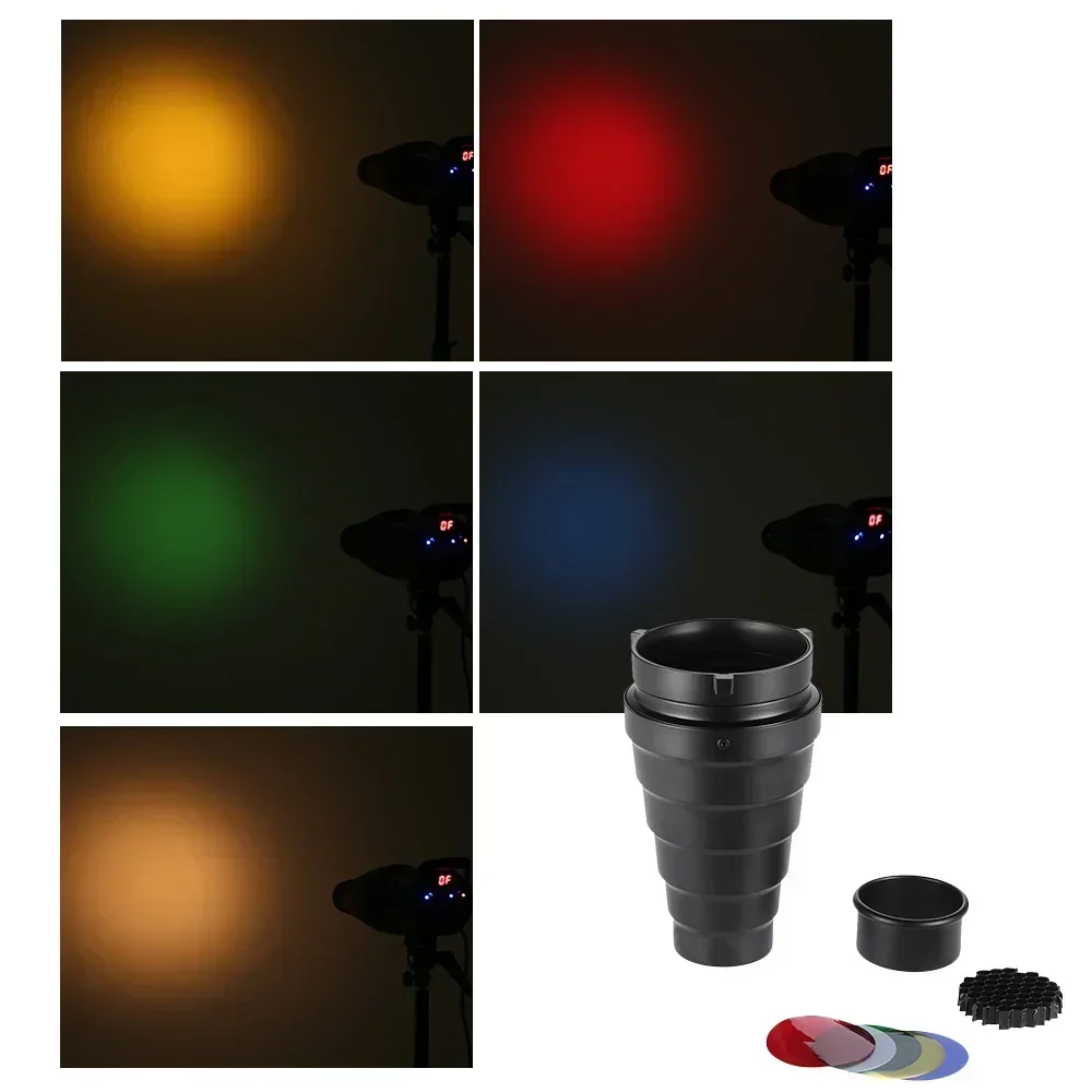 Metalen Conische Snoot met Honingraat Raster 5 stks Kleur Filter Kit voor Bowens Mount Studio Strobe Monolight Fotografie Flash