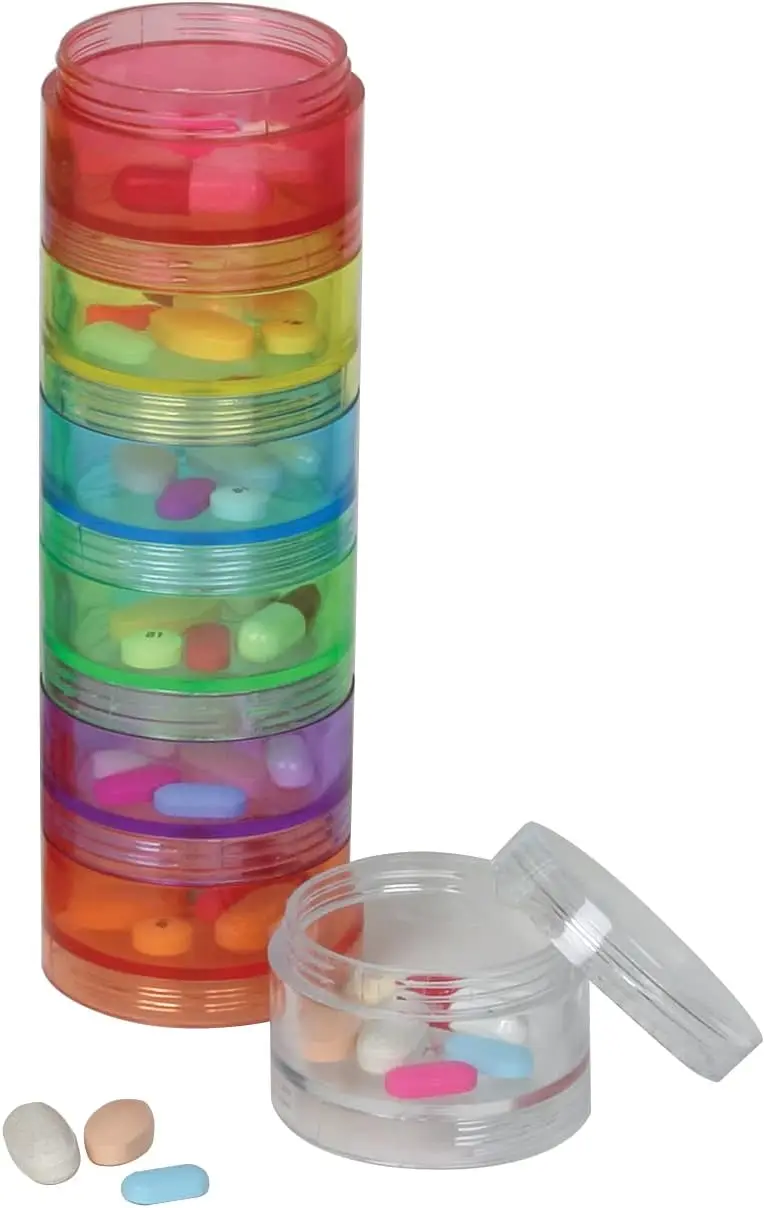 

Weekly 7-Day Stackable Pill Case, Detachable Compartments, Rainbow Colors, BPA Free