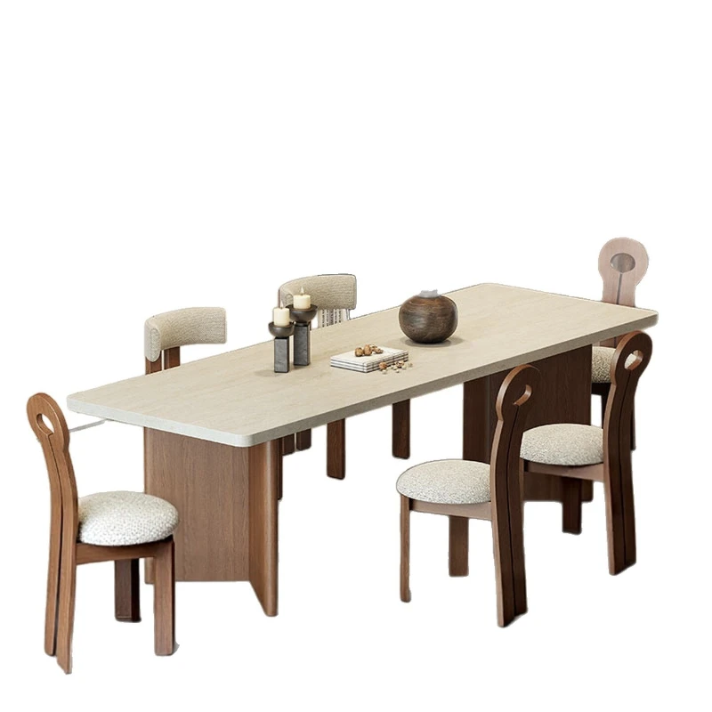 

Retro rectangular travertine rock slab dining table, cream medium antique rock slab household wall island