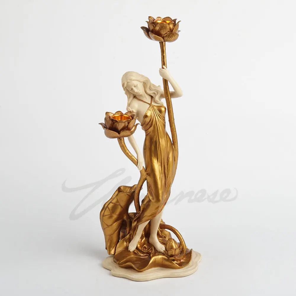 Vintage Lotus Goddess Candle Holder Resin Statue Gold White Finish Dual Candlestick Home Living Room Dining Table Decoration