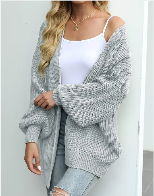 

Women's Chunky Knit Cardigan Sweater with Lantern Sleeves for 2025 Autumn and Winter