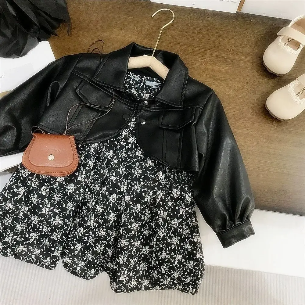 

Girls' leather jacket floral skirt set 2026 Spring and Autumn children's Korean fashion little girl two-piece set children's