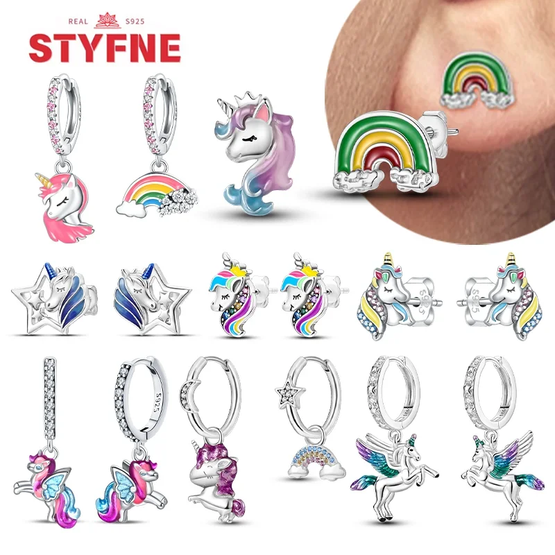 

925 Sterling Silver Animal Unicorn Dinosaur Rainbow Original Hoop Earrings Luxury Delicate for Women Girl Fine Jewelry Gifts