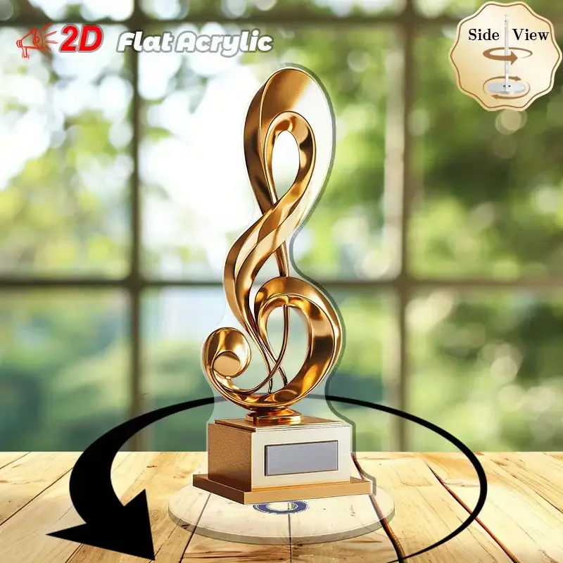 2D Flat, Golden Triple Trophy Cup Ornament with Rotating Base - Suitable for Music Awards, Office Decor & Corporate Gifts, Durab