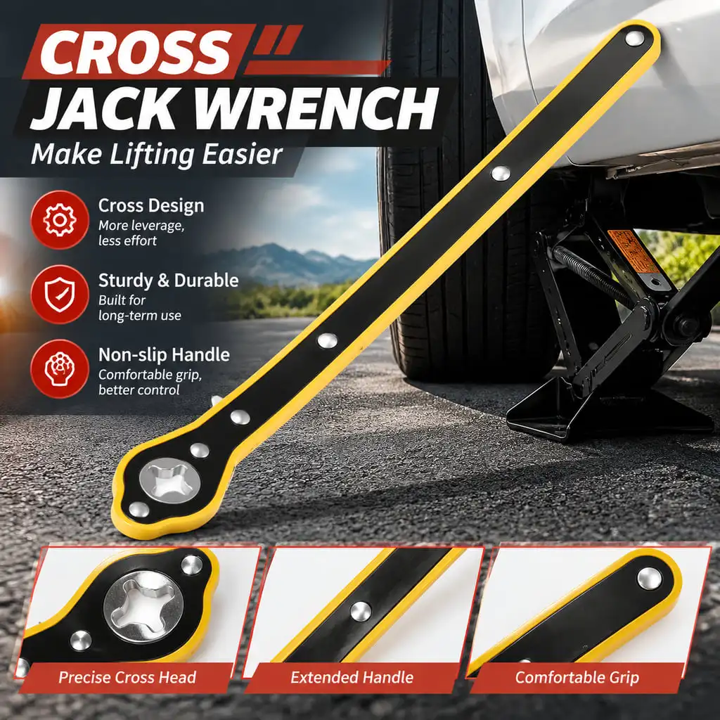 Llave de manija para gato de coche tipo cruzado PINMOAP con palanca larga, empuñadura antideslizante negra y amarilla para coches, SUVs y MPVs, herramienta para cambio de neumáticos.