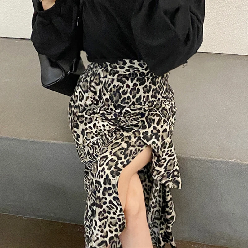 Spring Vintage High Waist Slimming Leopard Print Asymmetrical Long Half-length Skirt Chic Design for Young Women