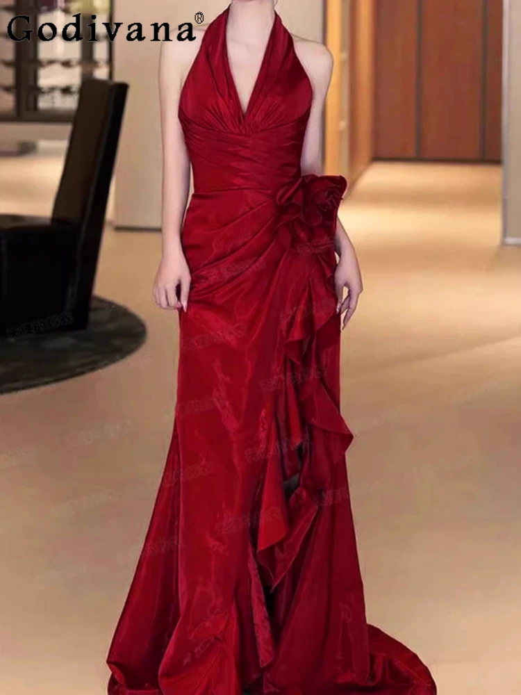 

3XL Girl Birthday Elegant V-neck Romantic Backless Evening Dress Red Satin High Waist Split Irregular Trailing Fishtail Dresses