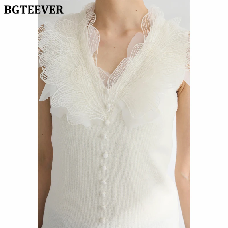 BGTEEVER Stijlvolle V-hals Single-breasted Vrouwelijke Gebreide Vesten Zomer Ruches Vrouwen Tank Tops Dames Hemdje