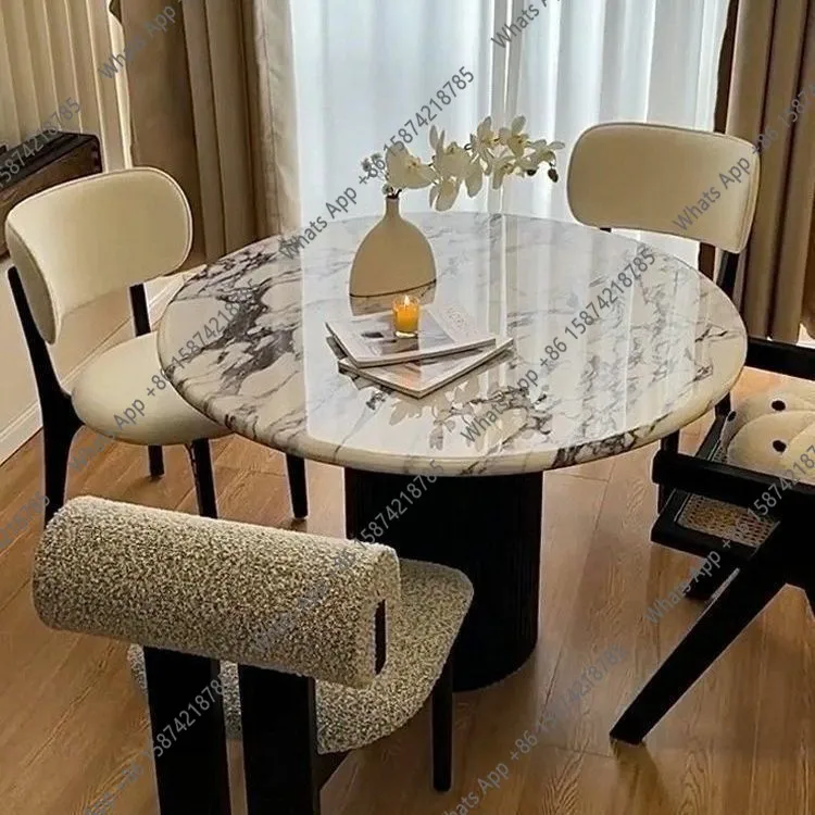 French marble dining table household small apartment retro modern light luxury stone simple round rock slab dining table and cha