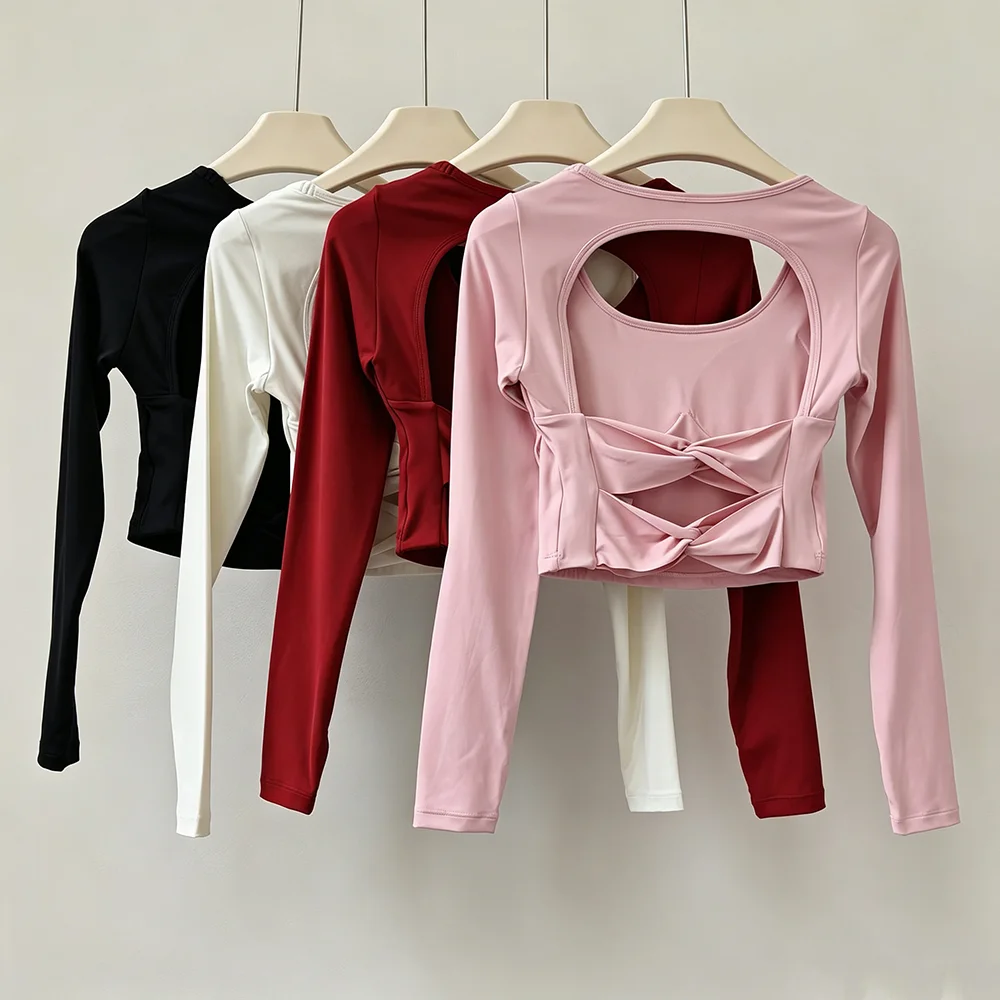 Women Long Sleeve Yoga Top Crisscross Open Back Built-in Bra U-Neck Thumb Hole Workout Shirt Gym Fitness Sports Crop Top