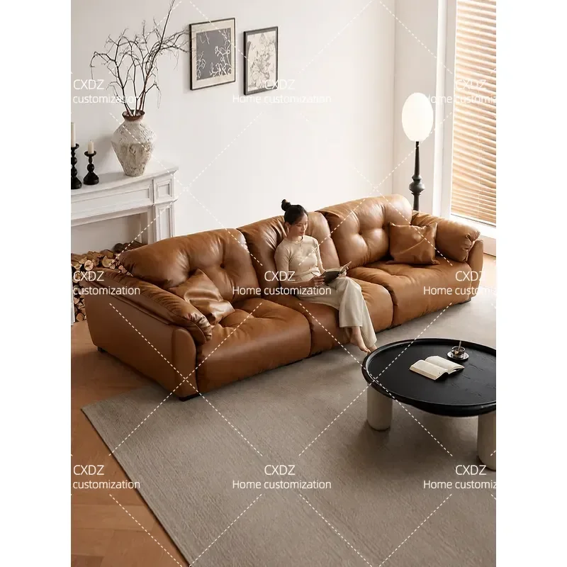 sectional sofa Living Room Apartment Removable Backrest Medium Ancient Style Oil Wax Leather Functional Sofa