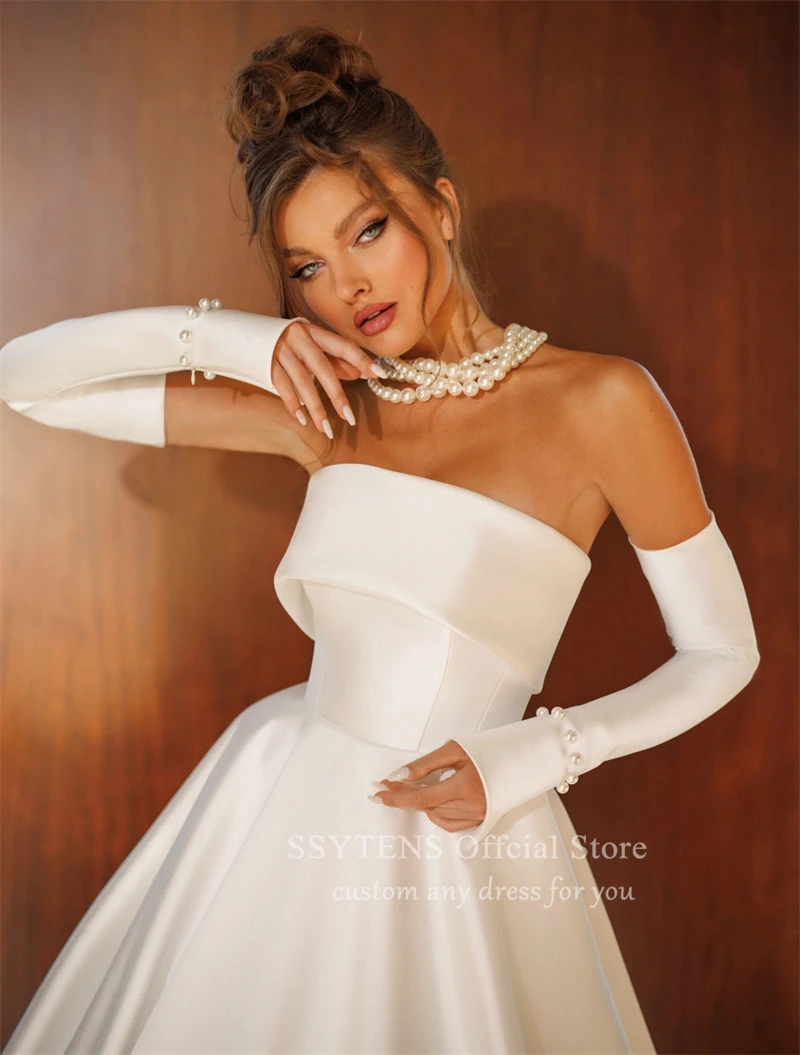 Charming Wedding Dresses Strapless For Women Customized Floor Length Bridal Gowns Detachable Long Sleeves Satin Bride Dress