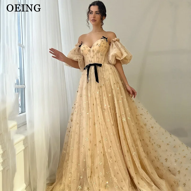 

OEING Glossy A-Line Prom Dress Off The Shoulder Puff Sleeves Starry Tulle Maxi Evening Dresses With Bow vestidos Customized