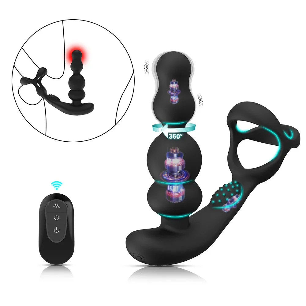360° Rotating Anal Beads Male Prostate Massager with Cock Ring Vibrating Butt Plug Remote Control Anal Vibrator Men's Adult Toy view 2