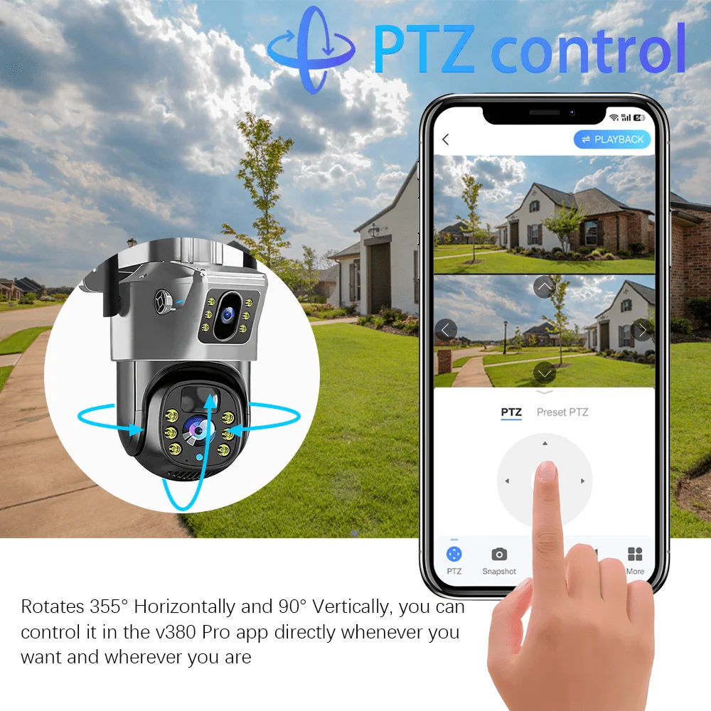 Telecamera di sicurezza esterna ad energia solare WiFi, doppia lente 6MP 4K, movimento PIR, batteria a lunga durata, visione notturna CCTV V380