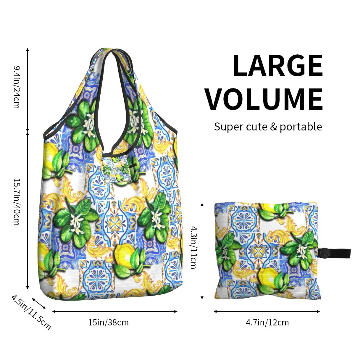 Reusable Mediterranean Tiles Summer Fruit Lemons Shopping Bag Women Tote Bag Portable Grocery Shopper Bags