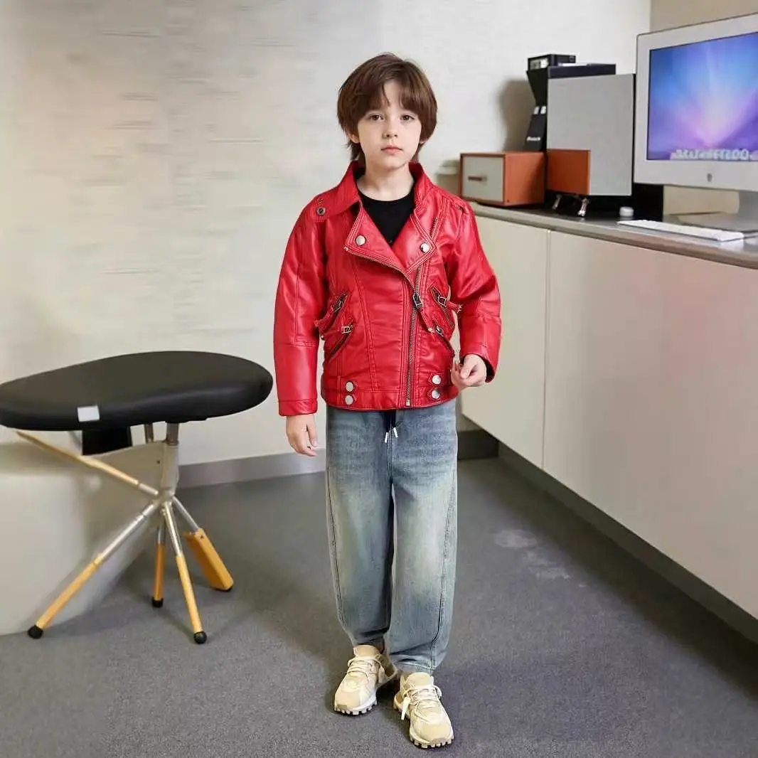 Children's Leather Jacket 2026 New Arrival Kids Outerwear Korean Style PU Leather Jacket for Boys and Girls with Stand-Up Collar