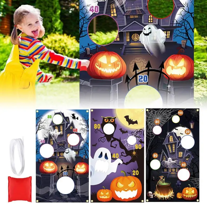 Saco de feijão de halloween jogar jogo banner fantasma abóbora decoração saco de arremesso de feijão fontes de festa decoração crianças adultos indoor ao ar livre