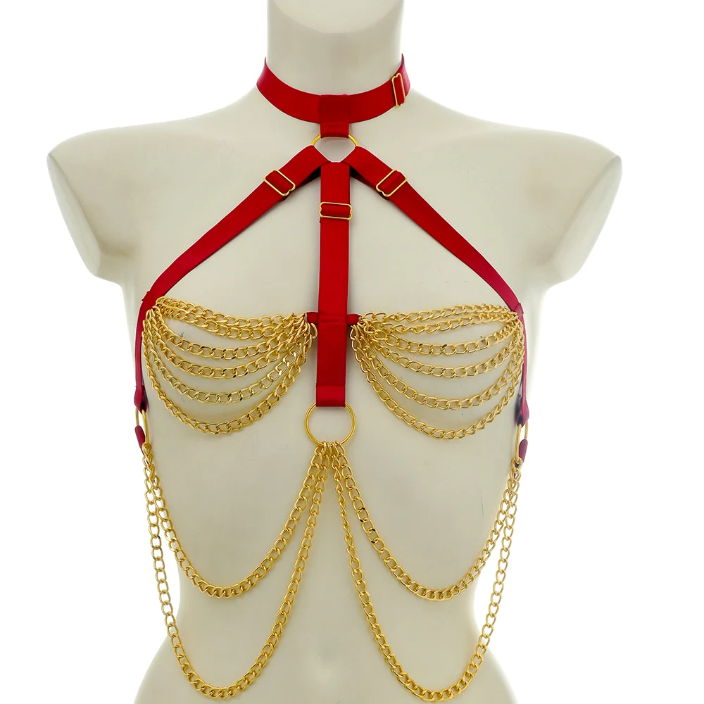 

Red Body Harness Sexy Lingerie Goth Open Chest Bodysuit Cage Bra Fetish Tassel Bondage Body Chain Adjustable Harness Brassiere