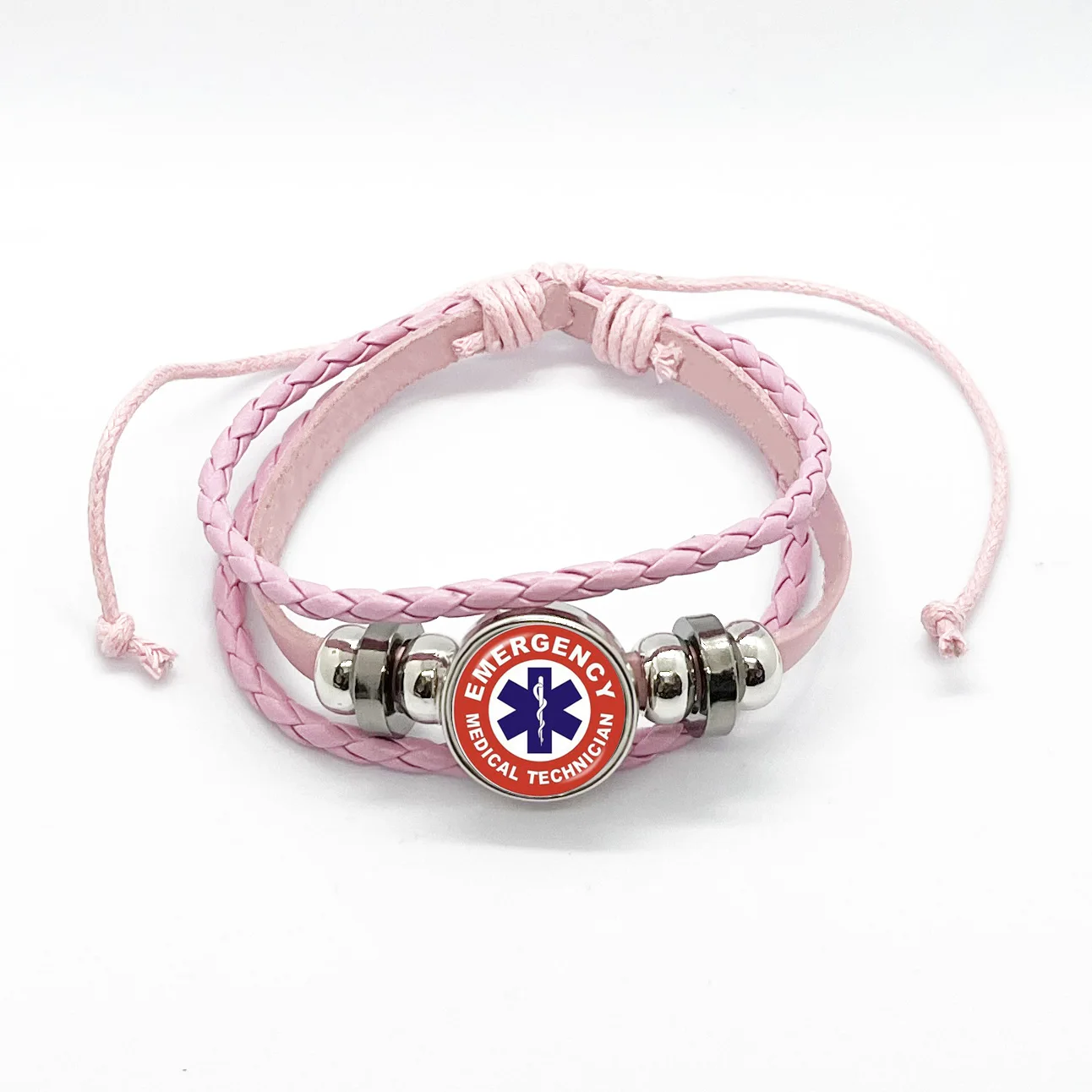 Emergency Medical Technician Paramedic Symbol Logo Pink Button Leather Bracelet Glass Dome Star of Life EMT Sign Charm Jewelry