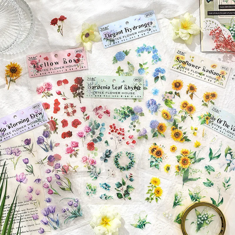 6sheeets Flower Stickers Rose Sunflower PET Junk Journal Sticker Package DIY Diary Decoration Sticker Album Scrapbooking
