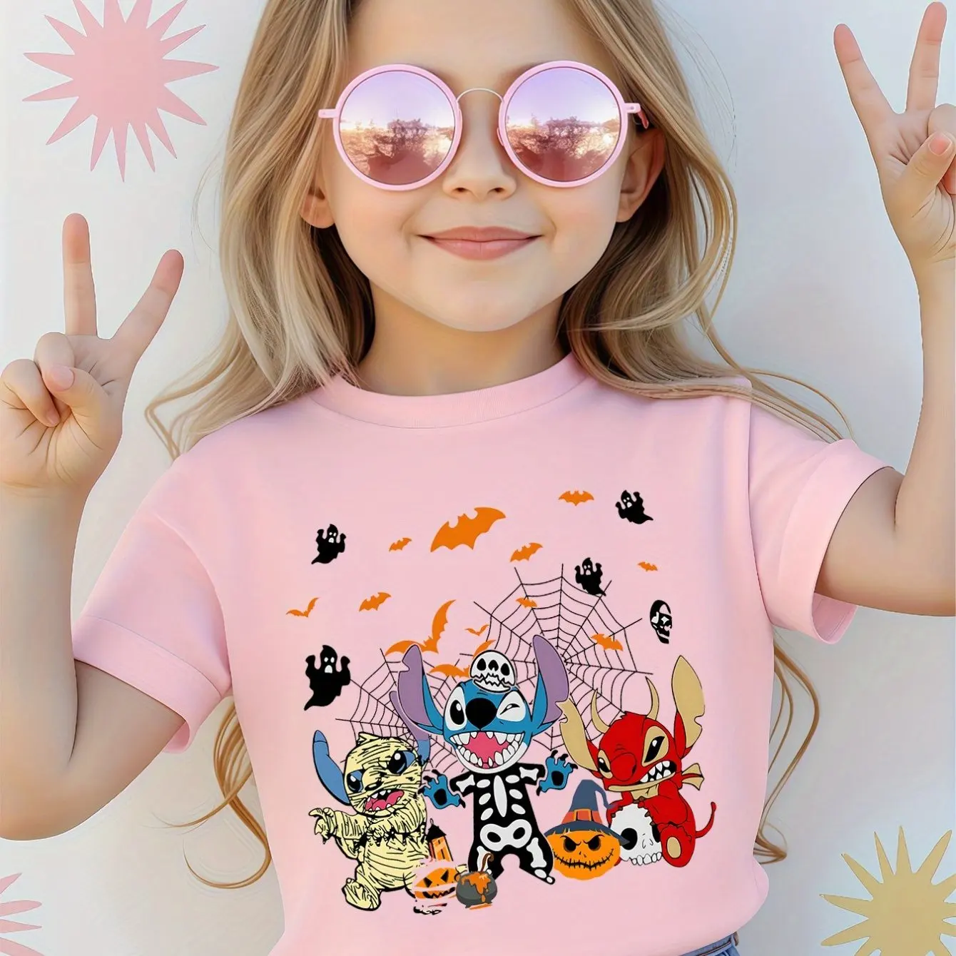 تي شيرت ديزني ستيتش الهالوين المطبوع للفتيات Happy Play توب مناسب للأم والابنة من القطن الخالص برقبة دائرية وأكمام قصيرة #3