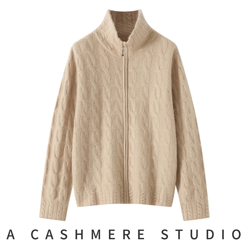 

Кардиган на молнии из 100% чистого кашемира, женская вязаная куртка с лацканами, модное свободное утепленное пальто, зимняя кашемировая рубашка с высоким воротником