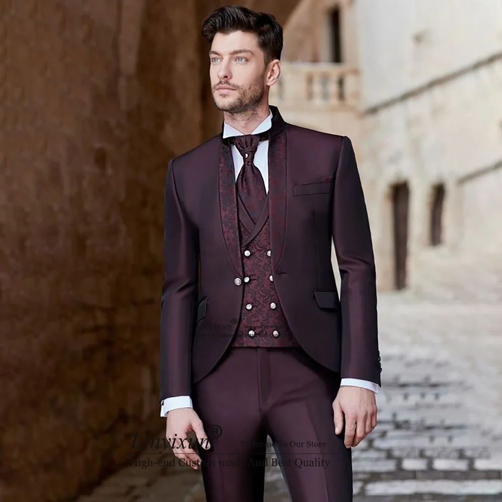 

Shiny Jacquard Tuxedos Men Suits For Wedding Prom Groom 3 Pieces Sets Bridegroom Prom Blazers Slim Fit Male Costume Homme