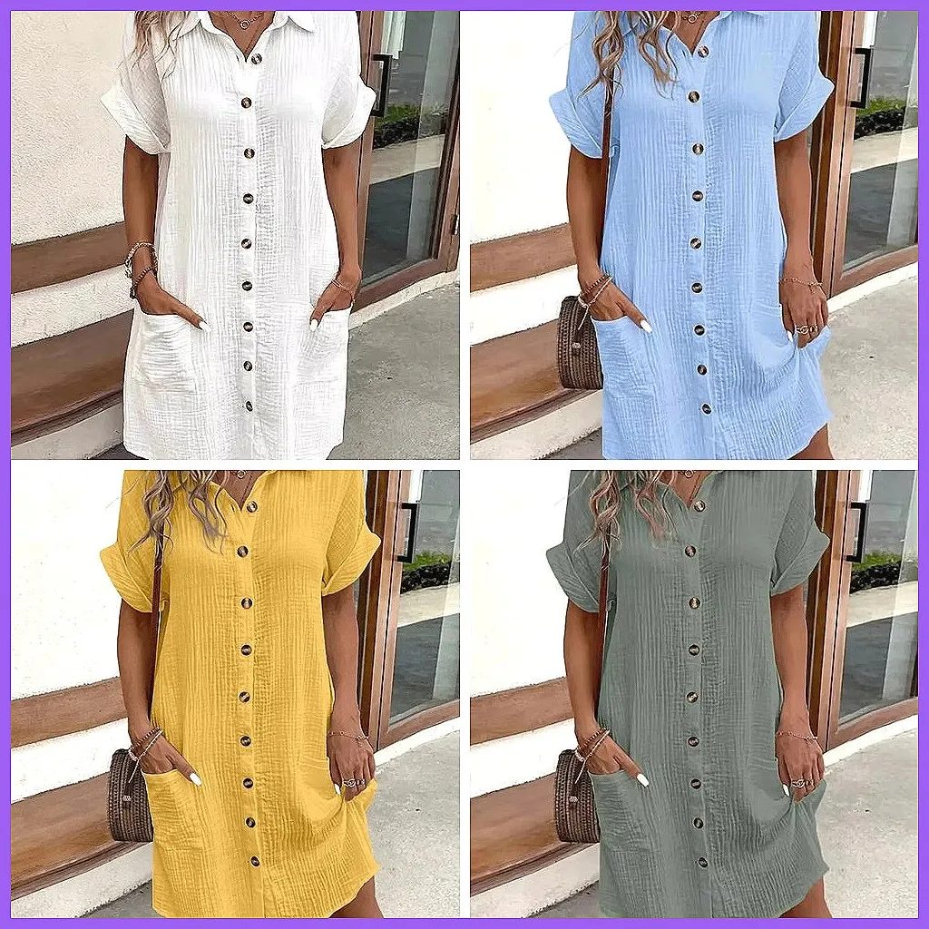 Retro V-Neck Button Front Short Sleeve Shirt Dress for Women, Summer Casual White Dress