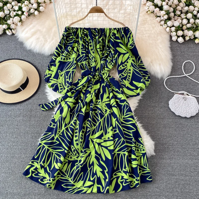INS boho vintage donna estate sexy spalle scoperte stampa floreale fasciatura abito lungo chic a-line vestido de festa elegante abito da spiaggia