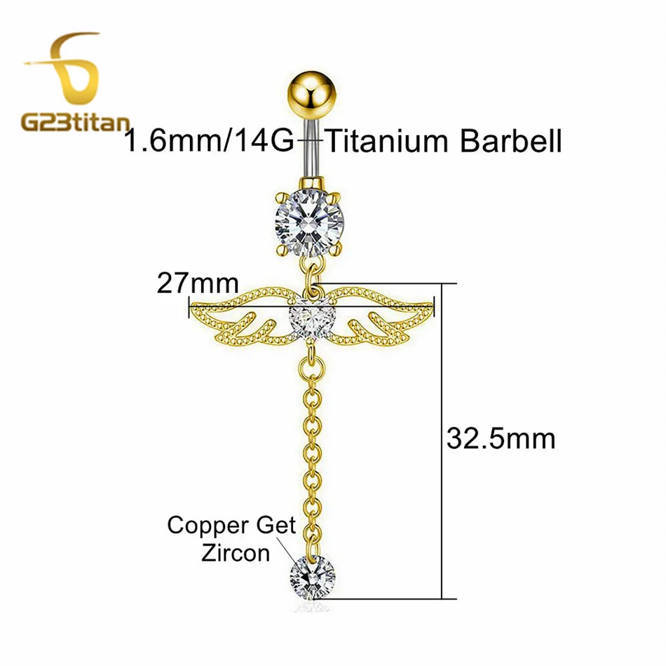 G23Titan تشيكوسلوفاكيا الزركون القلب الملاك الجناح البطن الدائري 14 جرام التيتانيوم منحني الحديد طويل شرابة السرة القرط النساء هيئة ثقب المجوهرات #6