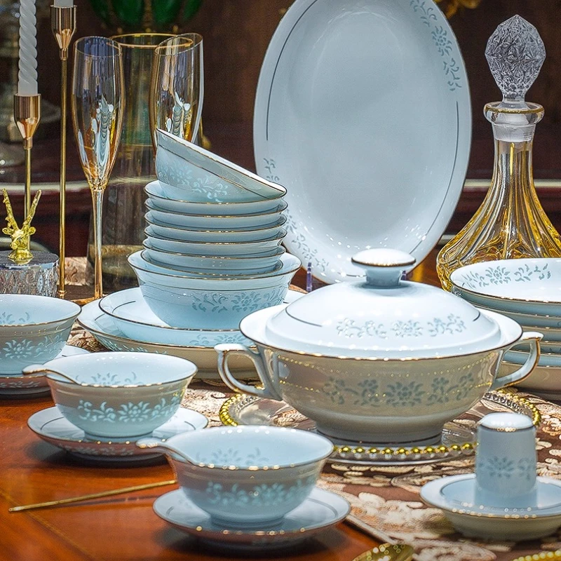 Underglaze Colour Dinnerware Set Celadon Linglong Porcelain Bowl Plate Dinnerware Set Household Bone China Tableware Set Gift - Image 4