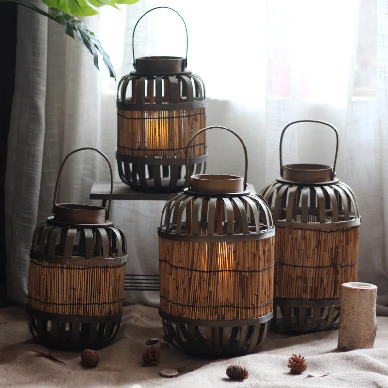 

Chinese retro hand-woven straw wind lamp wooden candlestick lantern homestay antique model room soft decoration ornament