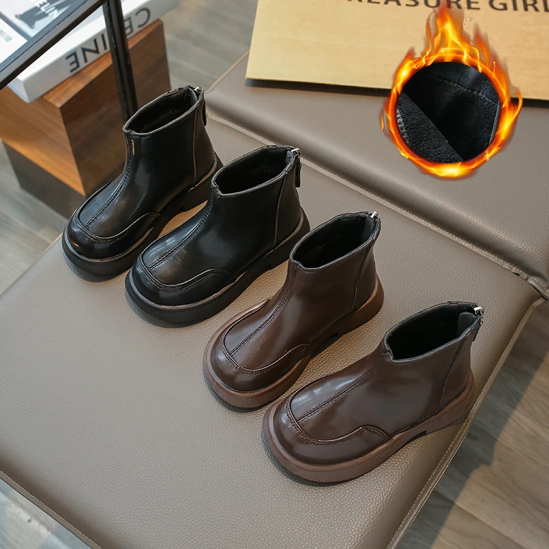 

Children's Autumn/winter Warm Boots Fashion Round-toe PU Leather Shoes Causal Versatile Non-slip Girl's Ankle Boot Thick Bottom