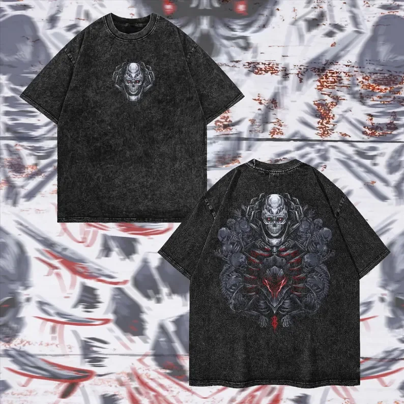 Camiseta holgada informal de algodón lavada Retro para hombre y mujer, camiseta de gran tamaño con estampado gráfico de Anime Berserk Gust, ropa de calle, camisetas de viento Harajuku