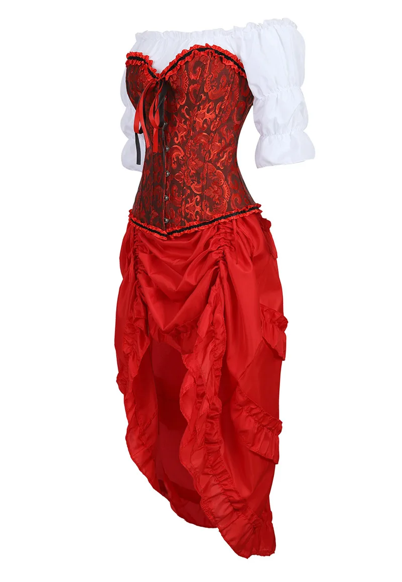 Corset Dress Top 3 Piece Set Front High and Low Irregular Skirt Bustiers Corsets Sexy Masquerade Costume Gown Halloween Red Sexy