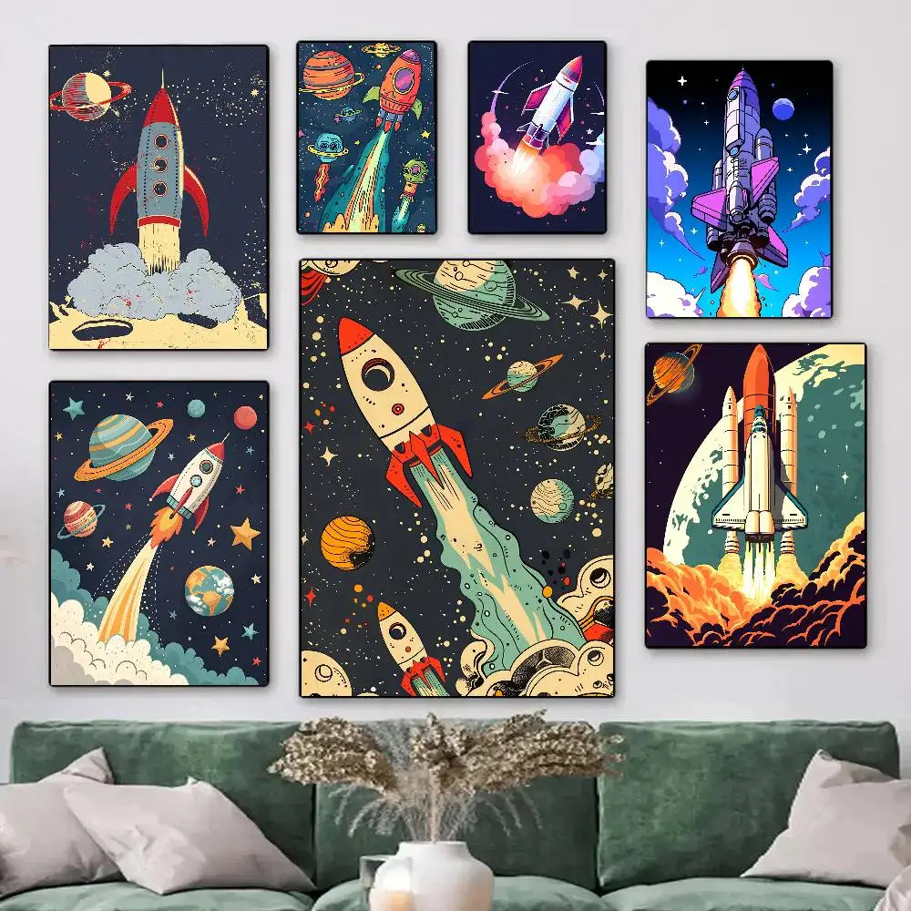 Cartoon Simple Drawing Of Rocket Posters HD Print Vintage Wall Art Decor for Home Study Room